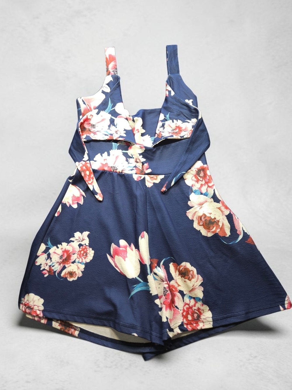 Source Unknown Navy Floral Romper with Pink & Cream Blooms